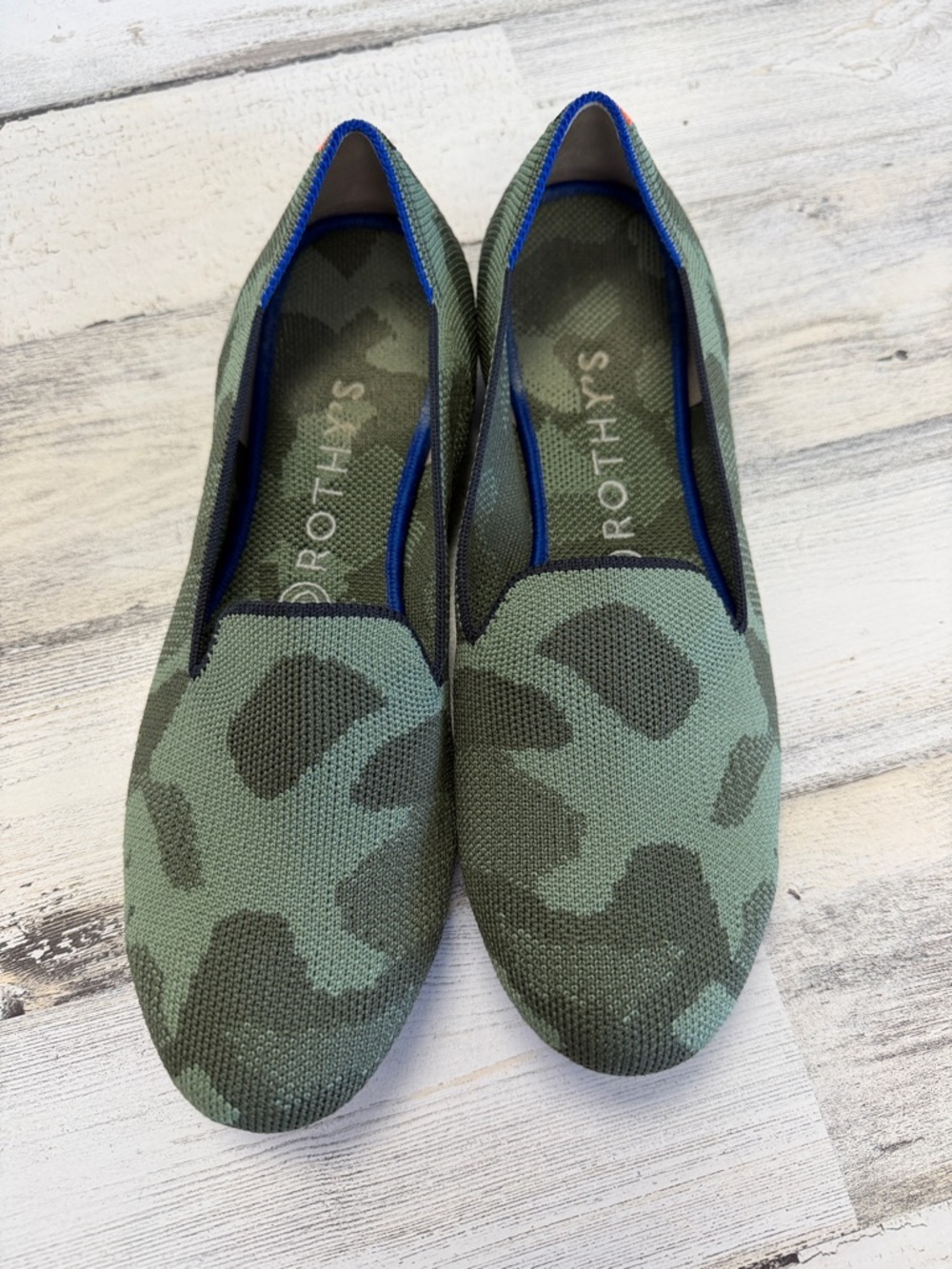 Rothy's Olive Green Camo Knit Flats with Blue Trim - Picture 2 of 3